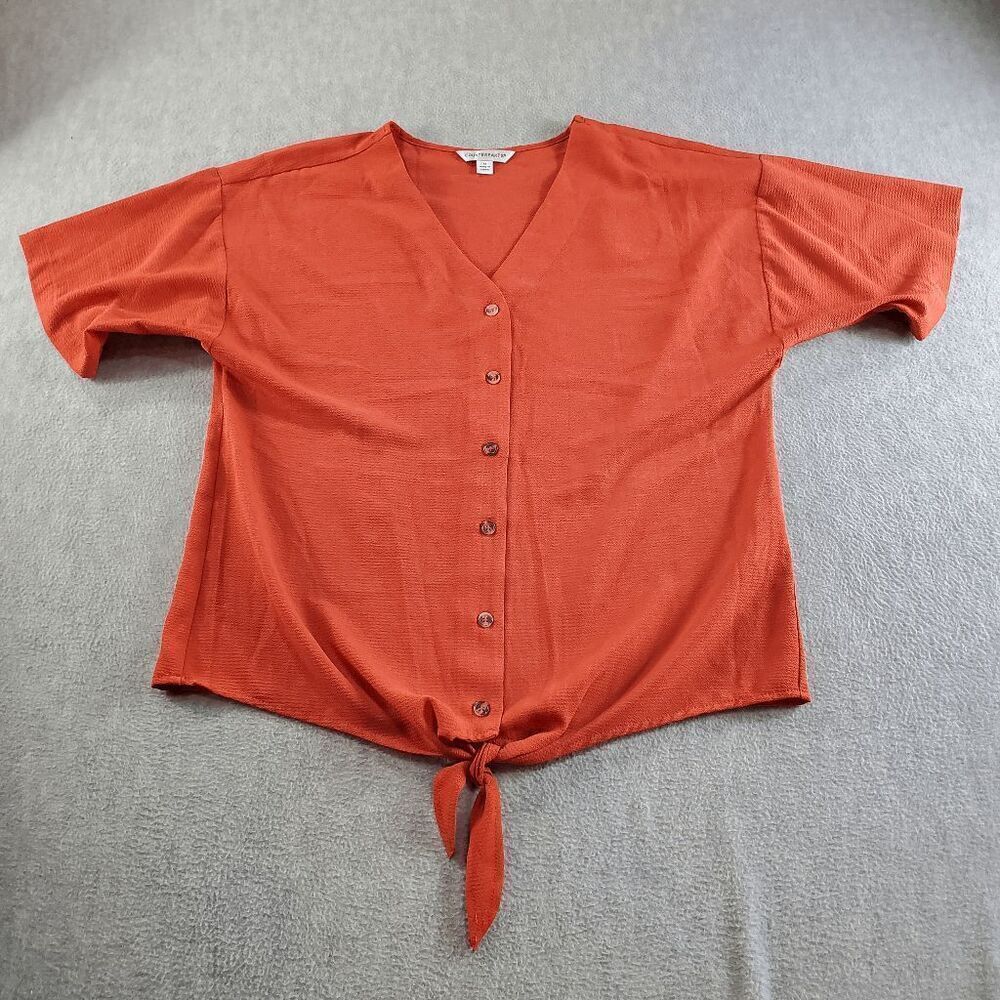 Counterparts Top Womens Medium Orange Blouse Short Sleeve Knot Hem Button Front